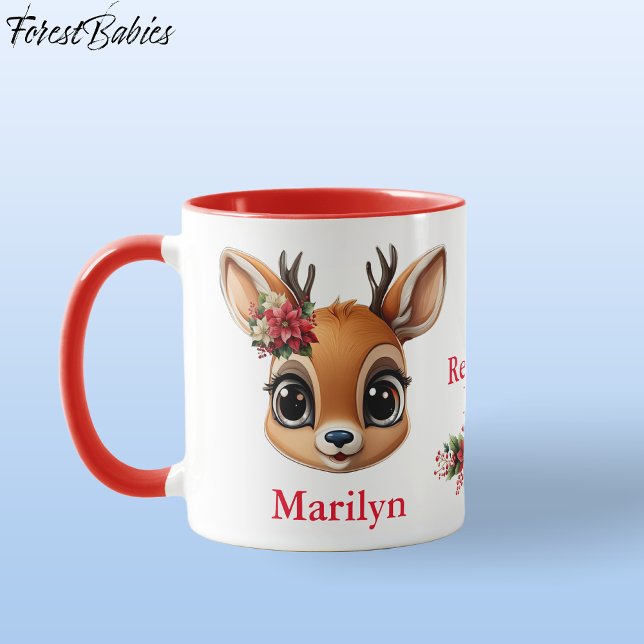 Rentiere Liebe, Poinsettia Blumenwild, Fawn, 🦌 Tasse (Custom Deer, Floral Fawn, Doe Antler, Reindeer Love Poinsettia Flowers Red ForestBabies Mug 🦌🎄)
