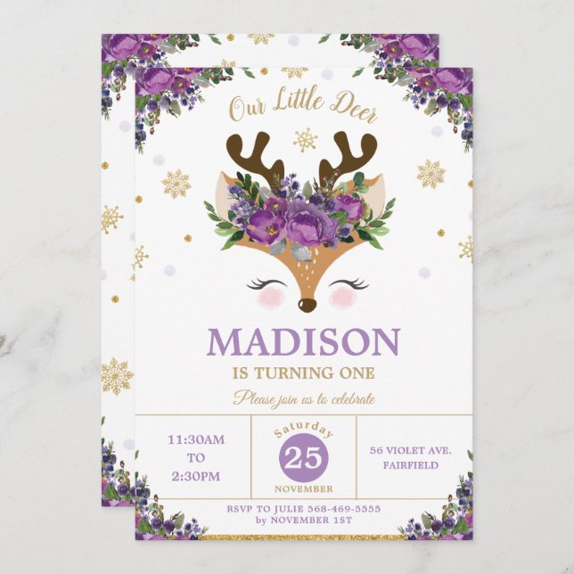 Rentiere Lila Schneeflocken Geburtstagsparty Einladung (Vorne/Hinten)