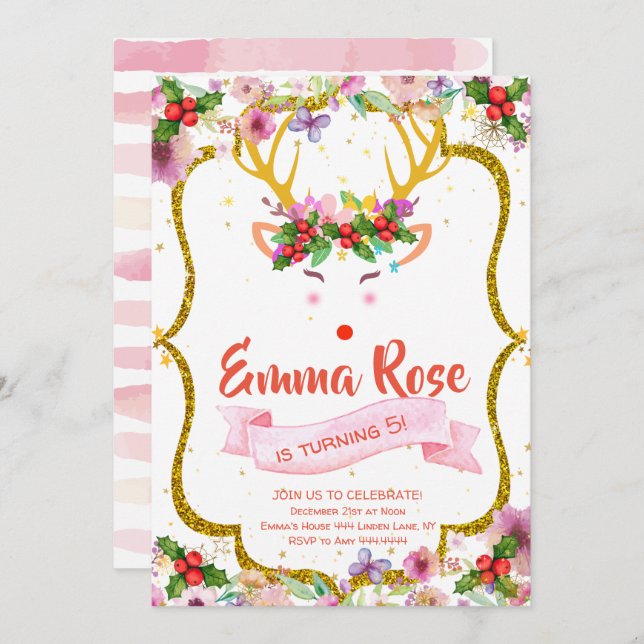 Rentiere Mädchen Weihnachten Geburtstag Einladung (Vorne/Hinten)