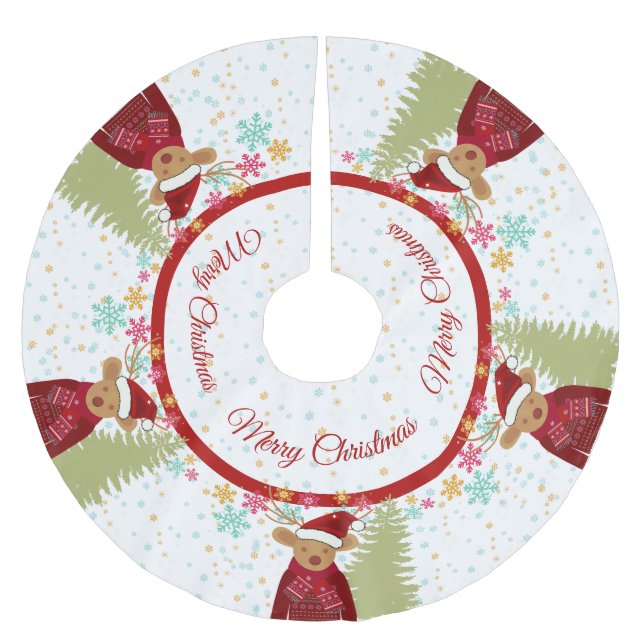 Rentiere Pine Tree Snowflake Niedliche Weihnachten Polyester Weihnachtsbaumdecke (Vorderseite)