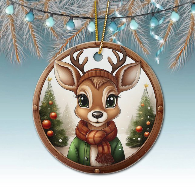 Rentiere, Rehe, Antler, Winter-Weihnachten-Szene � Keramik Ornament (Cute Reindeer, Deer Antlers, Fawn, Doe Winter Trees Rustic Brown Framed Xmas Scene Ornament 🦌🎄)