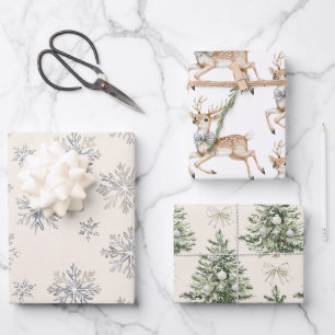 Rentiere Silber-Schneeflocken Weihnachtsbäume Geschenkpapier Set