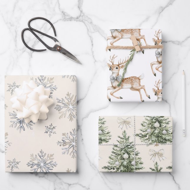 Rentiere Silber-Schneeflocken Weihnachtsbäume Geschenkpapier Set (Vorderseite)