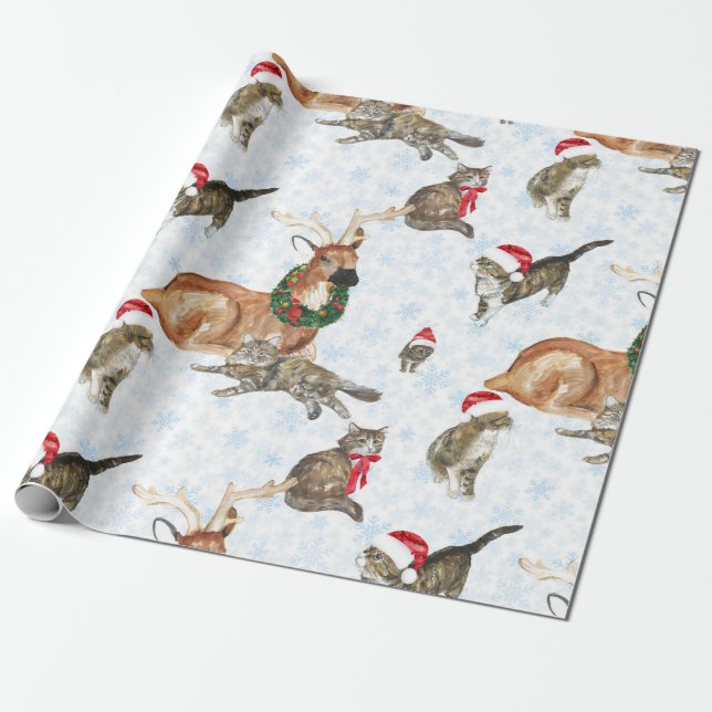 Rentiere und Kätzchen Geschenkpapier (Ungerollt)