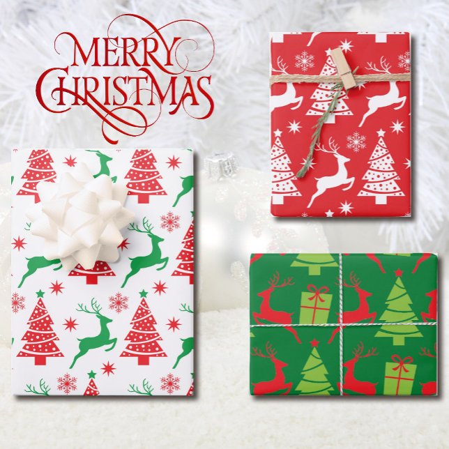 Rentiere und Weihnachtsbaumen in Rot und Grün 3 Geschenkpapier Set (Von Creator hochgeladen)