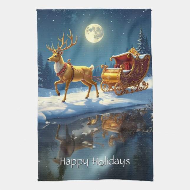Rentiere Weihnachts-Schlitten Urlaub Geschirrtuch (Vertikal)