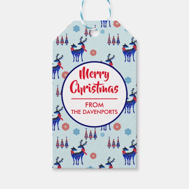 Rentiere, Weihnachtsbäume und Schneeflocken-Muster Geschenkanhänger (Vorderseite)