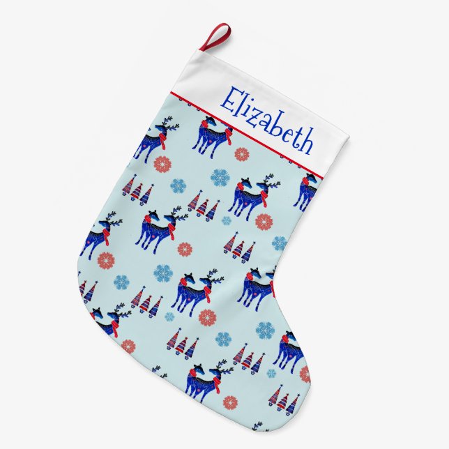 Rentiere, Weihnachtsbäume und Schneeflocken-Muster Großer Weihnachtsstrumpf (Vorderansicht (hängend))