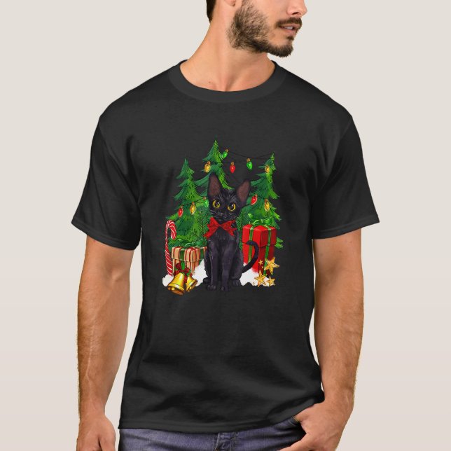 Rentiere Weihnachtsmannmütze Black Cat Weihnachtsl T-Shirt (Vorderseite)
