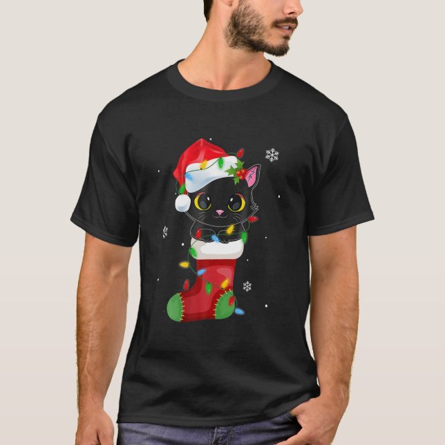 Rentiere Weihnachtsmannmütze Black Cat Weihnachtsl T-Shirt (Vorderseite)