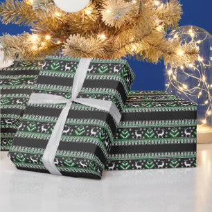 Rentiere Winter Fair Isle Muster in Schwarz Geschenkpapier