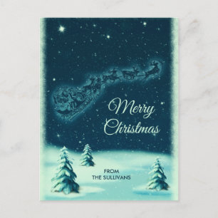Rentiere ziehen Santas Schlitten am Nachthimmel Postkarte