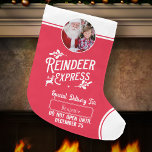 RentierExpress von Santa Name & Foto Red Großer Weihnachtsstrumpf<br><div class="desc">Fügen Sie Ihrem kleinen Geschenk vom Weihnachtsmann eine besondere magische Touch mit einem maßgeschneiderten Strumpf aus dem Rentierexpress hinzu! Dieses personalisierte Weihnachtsdesign bietet auch die Möglichkeit,  den Namen Ihres Kindes und auch eines Fotos hinzuzufügen.</div>