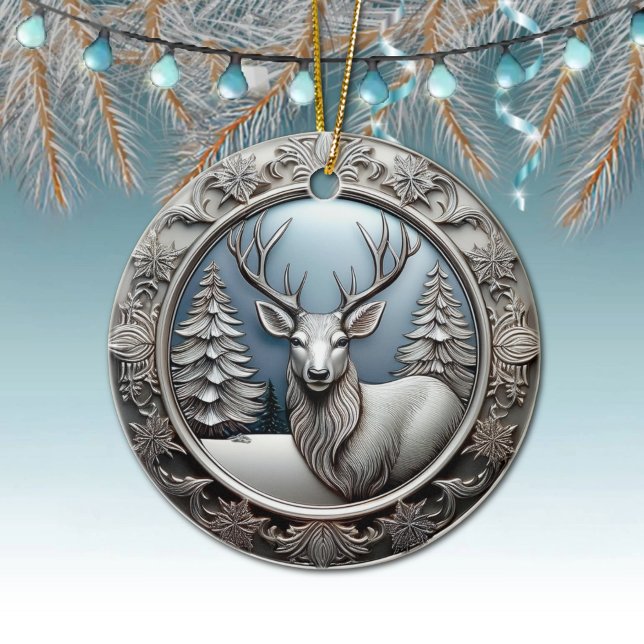 Rentierfäule, Bäume, einzigartige Silberhirsche 🦌 Keramik Ornament (Elegant Silver Reindeer Decoration, Deer Antlers Decor,  Winter Trees Scene Ornament Front/Back 🦌🎄)