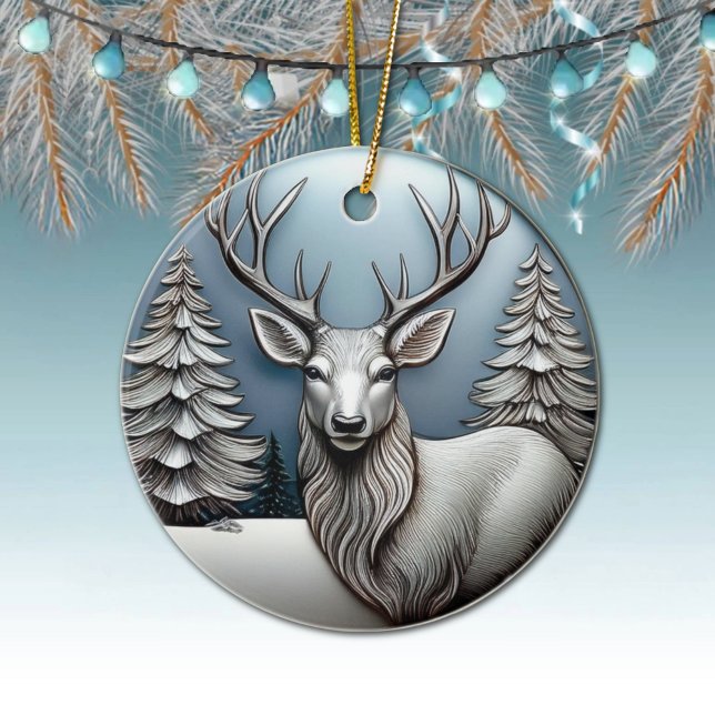 Rentierfäule, Bäume, Schneeszene, Hirsche 🦌 🎄 Keramik Ornament (Elegant Silver Reindeer Decor, Deer Antlers Decoration,  Winter Trees Scene Ornament Front/Back 🦌🎄)