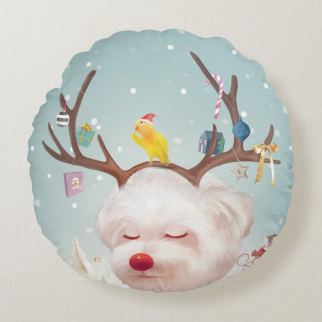 Rentierhund mit Weihnachtsschmuck Rundes Kissen (Vorderseite)