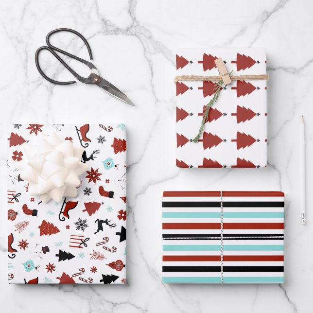 Rentierschlitten Weihnachtsbäume Geschenkpapier Set (Vorderseite)