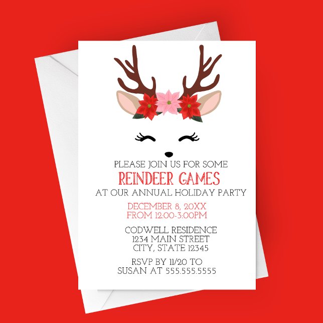 Rentierspiele Feiertag Einladung (Reindeer Games Minimalist Holiday Party Invitation | Deer with Flower Crown | Christmas Party)