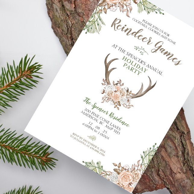 Rentierspiele Feiertag Einladung (Add a touch of pink and rustic charm with this Cocktails, Cookies and Reindeer Games Holiday Invite)