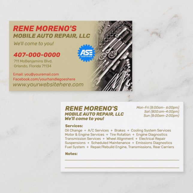 Reparatur von Kraftfahrzeugen 2-seitig Visitenkarte (Vorne/Hinten)