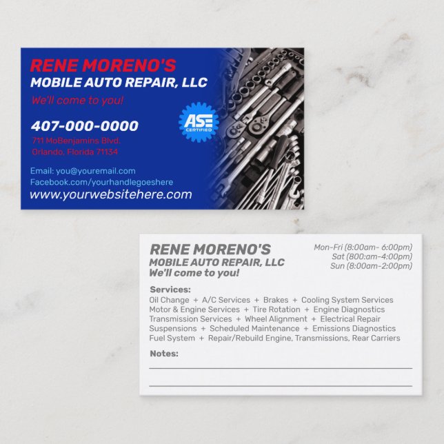 Reparatur von Kraftfahrzeugen 2-seitig Visitenkarte (Vorne/Hinten)