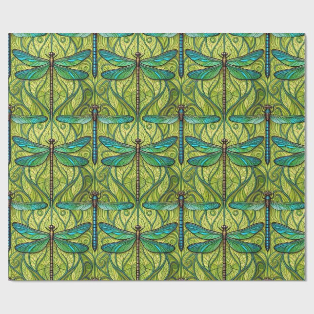 Repeating dragonfly pattern on green  geschenkpapier (Flach)