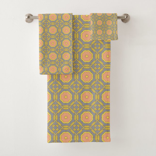 repeating geometric pattern with orange and yellow badhandtuch set (Insitu)