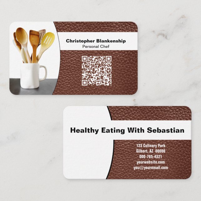 Replaceable Chef Spoons Photo on Leather QR Code Visitenkarte (Vorne/Hinten)