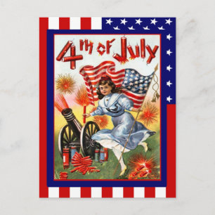 Replik Vintag 4. Juli, Mädchen mit Fahne Postkarte