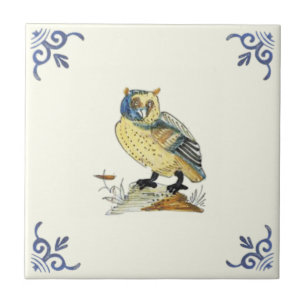 Repro 1700s Antique Hand Painted Delft Owl Fliese