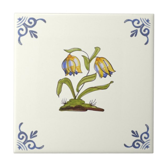 Repro 1700s Handgemalt Delft Yellow Tulips Floral Fliese (Vorderseite)