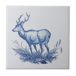 Repro 1876 Wedgwood Buck Deer w/Antlers Tile Blue Fliese