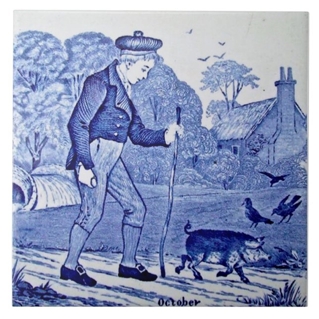 Repro 1879 Wedgwood Blue Calendar Series Oktober Fliese (Vorderseite)