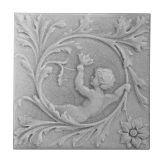 Repro 1880s Minton Imitats Relief Putti Gray Marbl Fliese (Vorderseite)