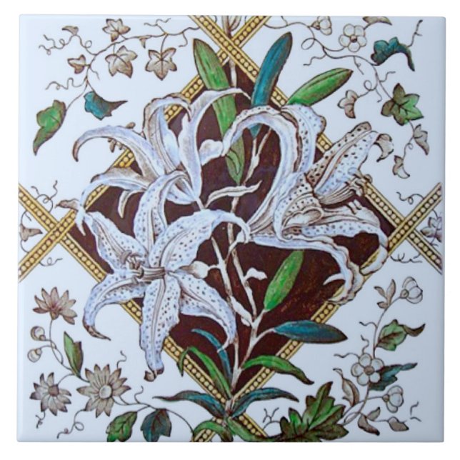 Repro 1880s Viktorianisch Lilies Transferware Tile Fliese (Vorderseite)