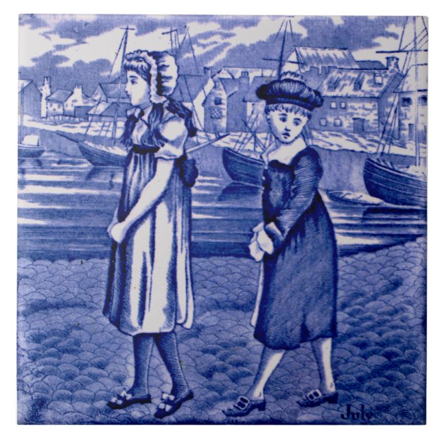 Repro 1885 Wedgwood Blue Calendar Monat Juli Fliese (Vorderseite)