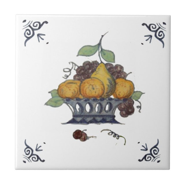 Repro Antique Delft Fruit Basket auf weißem Tile Fliese (Vorderseite)