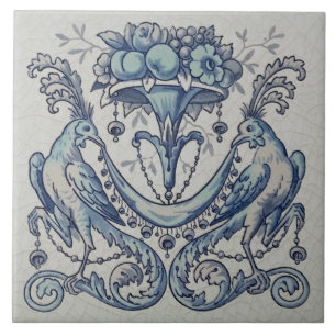 Repro Antique Minton Hollins Birds Fruit Blue Fliese