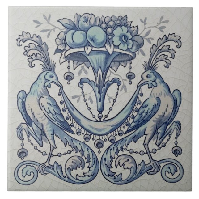 Repro Antique Minton Hollins Birds Fruit Blue Fliese (Vorderseite)