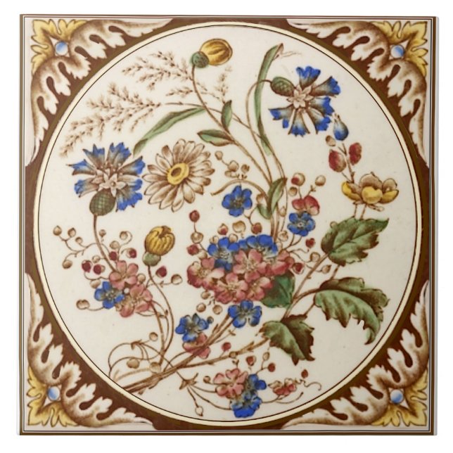 Repro Antique Multicolor Floral Hand gefärbt Fliese (Vorderseite)
