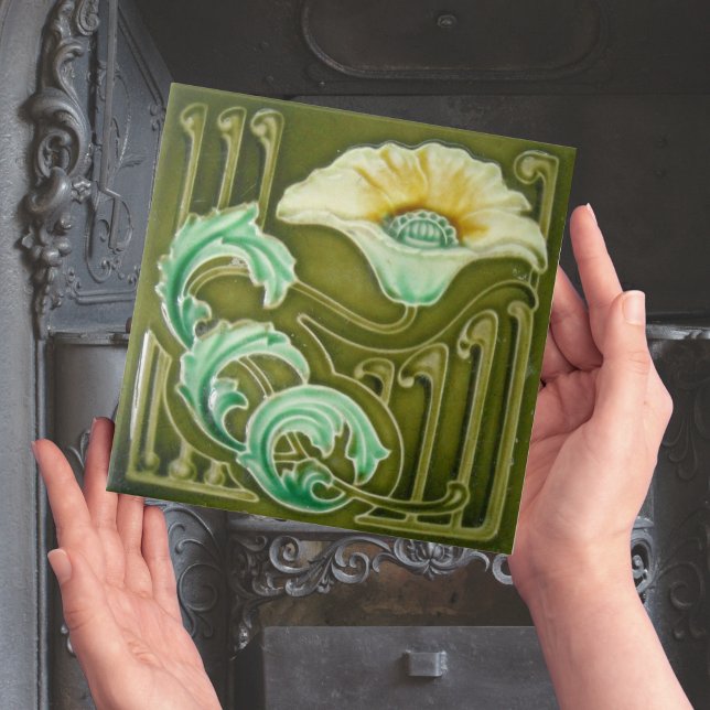 Repro Art Nouveau Floral Tile Fliese (art nouveau floral green yellow flower vintage tiles)