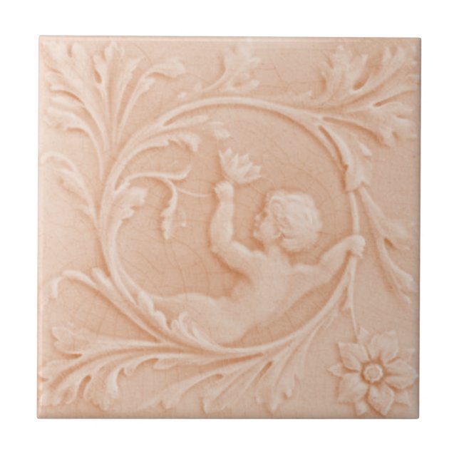 Repro c1880 Minton Imitats Relief Cherub Peach Pin Fliese (Vorderseite)