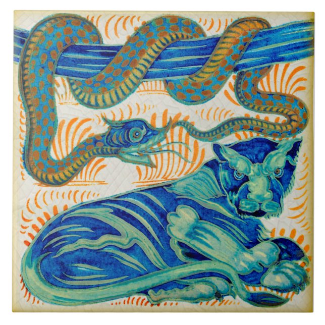 Repro c1900 William De Morgan Jungle Cat & Snake Fliese (Vorderseite)