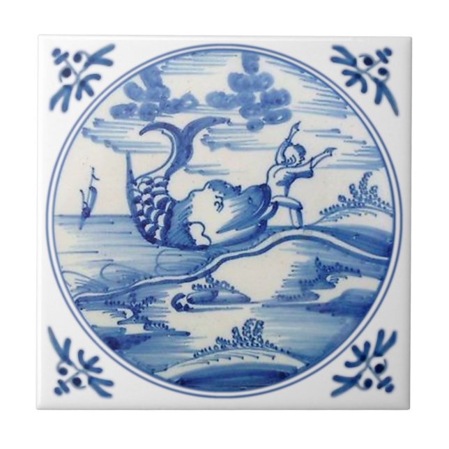 Repro Delft Bibellical Jonah und der Wal 1700er Fliese (Vorderseite)