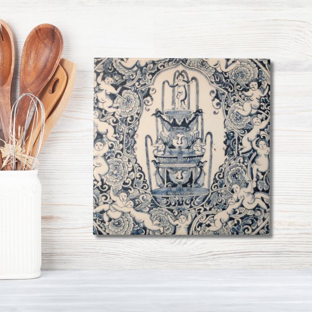 Repro Delft Tile Angeli Piazza della Riforma Fliese (Repro Delft Tile Blue cherub fountain renaissance)
