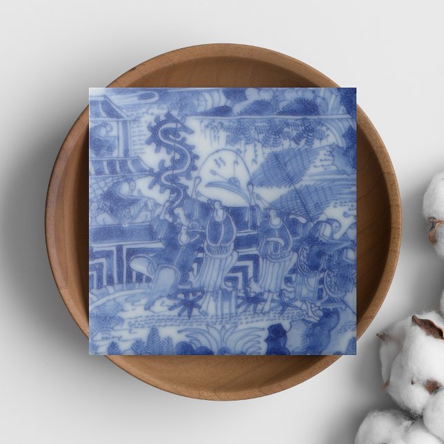 Repro Delft Tile Chinoiserie Decoupage Blau Fliese (Repro Delft Tile Chinoiserie Blue and White)