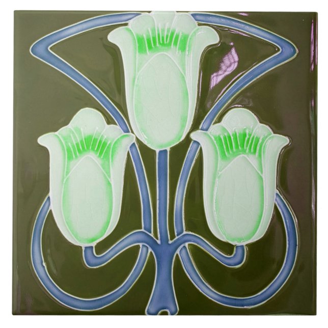 Repro Edwardian Art Nouveau Green Tulip Floral Fliese (Vorderseite)