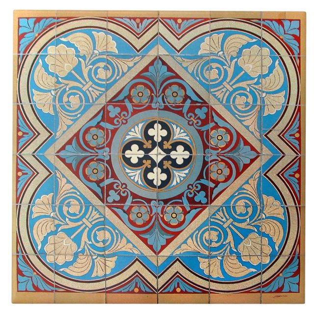 Repro German Geometric Art Nouveau Jugendstil blau Fliese (Vorderseite)