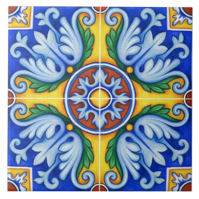Repro Portugiesisch Blue Geometric Azulejos Floral Fliese (Vorderseite)