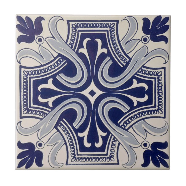 Repro Portugiesisch Blue Geometric Azulejos Floral Fliese (Vorderseite)